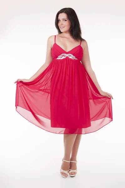 Schöne Junge Frau Trägt Ein Sexy Rotes Abendkleid — Stockfoto