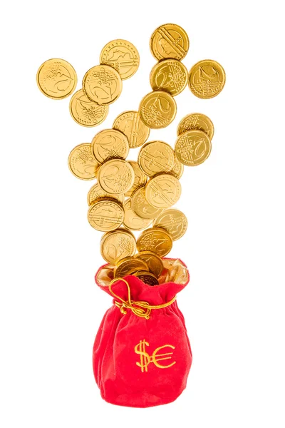 Sack with euro and dollars coins — Stock Photo, Image