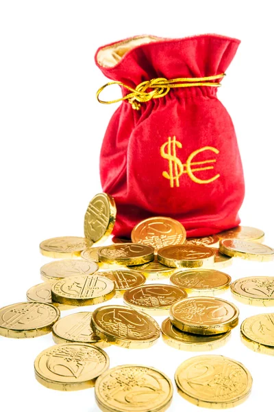 Zsák, euró és dollár érme — Stock Fotó