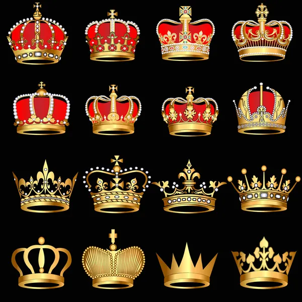 Set gold crowns on black background — Stock Vector