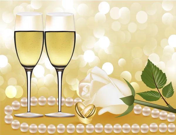 婚礼背景与由珍珠玫瑰、 酒杯和环 — 图库矢量图片