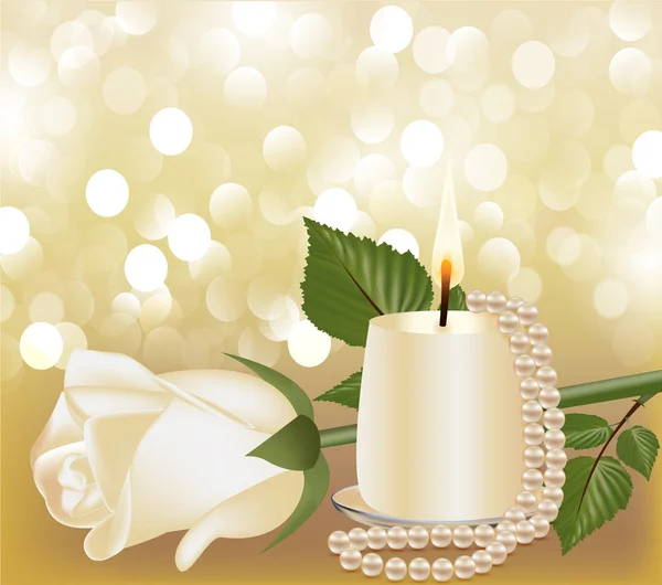 Fondo festivo con rosa bianca, perla a candela — Vettoriale Stock