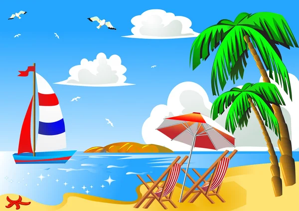 Praia do mar com palma por cadeira de veleiro e guarda-chuva —  Vetores de Stock