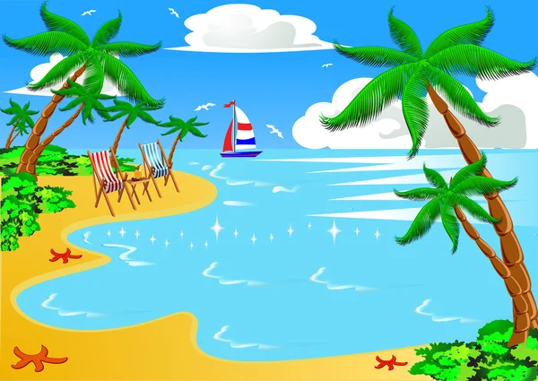 Moře pláž s palmami plachetnice židle — Stockový vektor