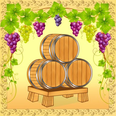 Wooden barrels with wine on background of the grapevine clipart