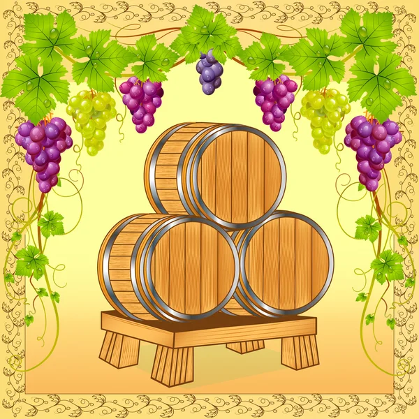Wooden barrels with wine on background of the grapevine — Stock Vector