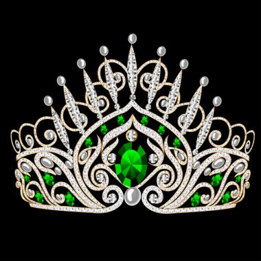 Beautiful diadem feminine wedding with emerald on black backgro clipart