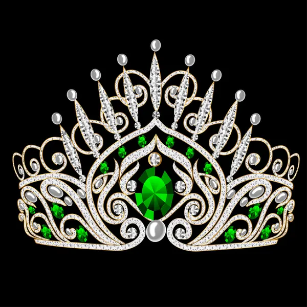 美丽的王冠女性婚礼与黑 backgro 上的绿宝石 — 图库矢量图片