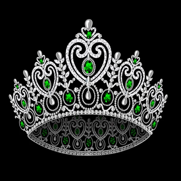 Corona diadem feminine wedding with emerald on black background — Stock Vector