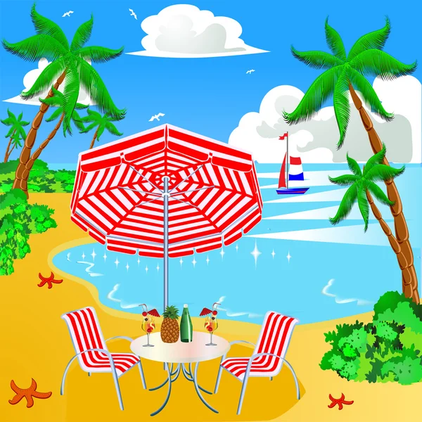 Spiaggia di mare con palma in barca a vela e ombrellone — Vettoriale Stock