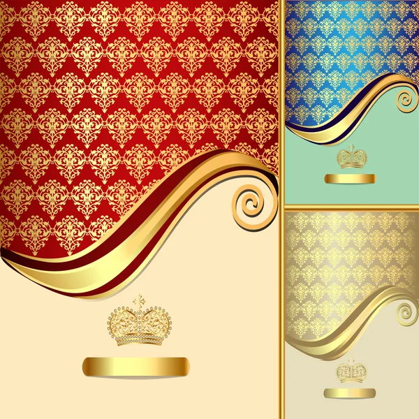 Conjunto de fondo con patrón de oro (es) y corona — Vector de stock