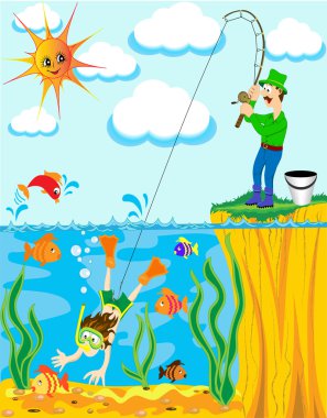 Fisherman has caughted on fishing rod of the diver clipart