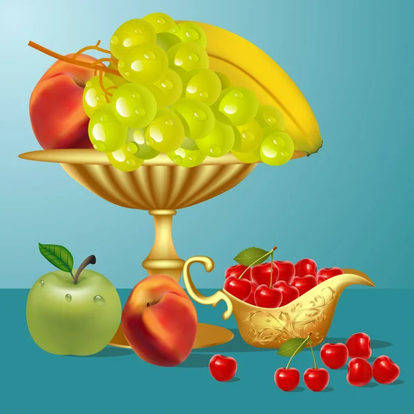 Frutas banana, cereja, maçã e vaso — Vetor de Stock