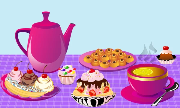 茶与柠檬和水果蛋糕、 面包蛋糕 — 图库矢量图片