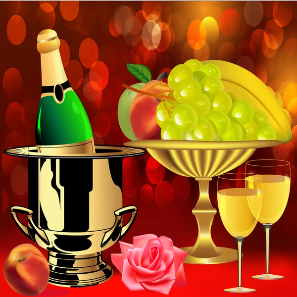 Fles champagne vruchten rose en bekers — Stockvector