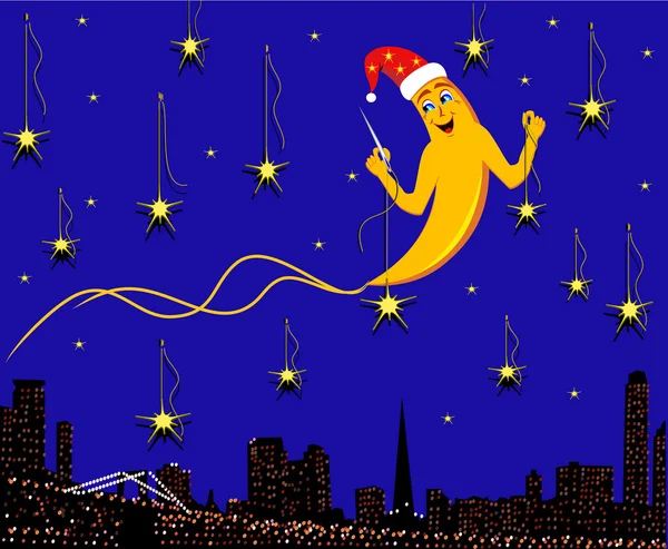Il mese cuce su stelle su sfondo della città di notte — Vettoriale Stock