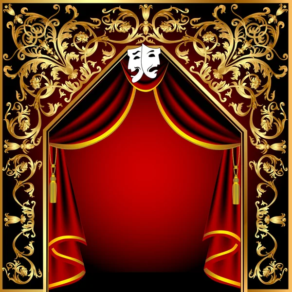 背景与戏剧的窗帘和 gold(en) 模式 — 图库矢量图片