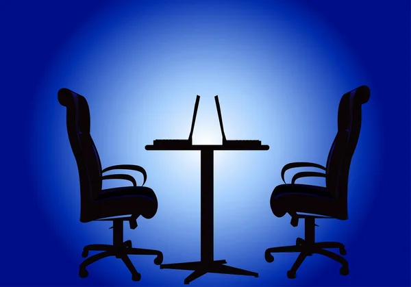 Silhouettes deux chaises et table avec ordinateur — Image vectorielle