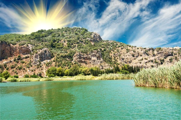 stock image Tombs of the Lycian near the Dalyan river.