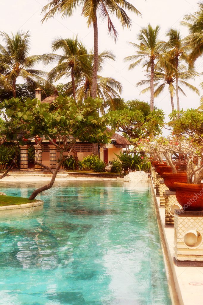 Palm trees near pool in tropics — Stock Photo © Lenorlux #11323273