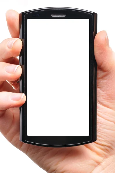 La mano femenina sostiene un teléfono de pantalla táctil moderno. Pantalla es cu —  Fotos de Stock