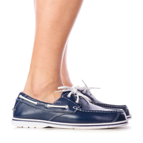 Blauw lederen dek schoenen — Stockfoto