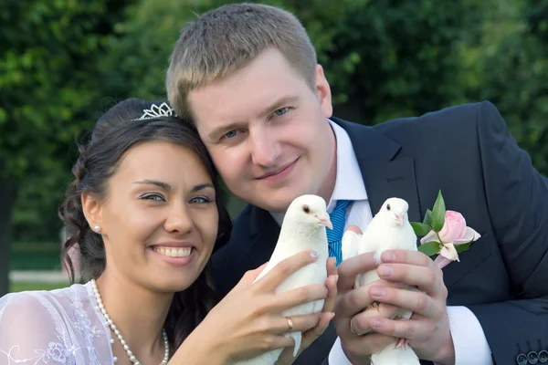 Portrait of the newlyweds in the hands of the white pigeons — Stock Photo, Image