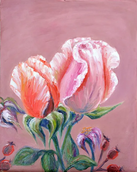 Två rosa rosor, oljemålning på duk — Stockfoto