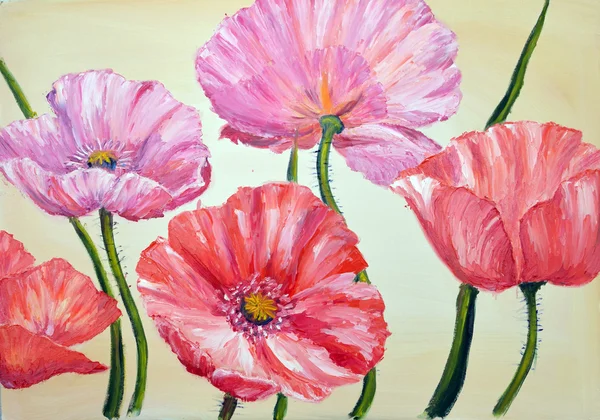 罂粟花，布上油画 — 图库照片