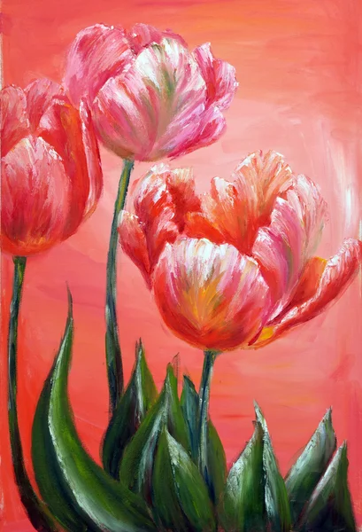 Olejomalba, červené tulipány — Stock fotografie