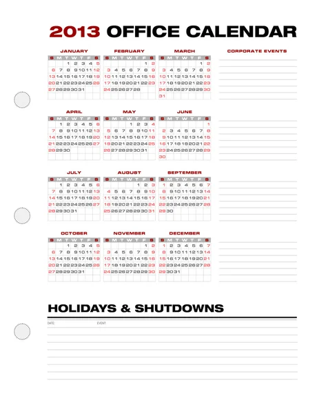 2013 plantilla de calendario de oficina corporativa cuadrícula — Archivo Imágenes Vectoriales