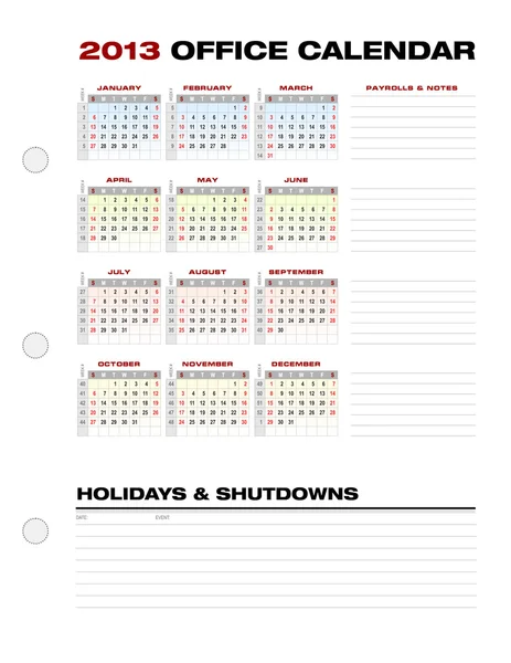 週の番号を持つ 2013年会計カレンダー — ストックベクタ