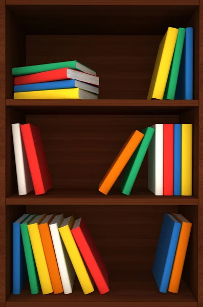 Scaffali in legno 3d sfondo con libri — Foto Stock