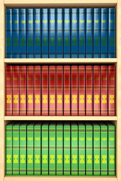 Libreria in legno con molti libri a colori — Foto Stock