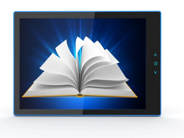 Leitor de livros eletrônicos. Livros e tablet pc. 3d — Fotografia de Stock