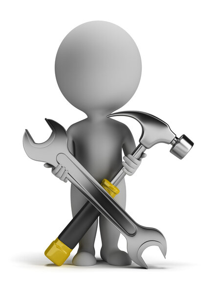 3d small person with a wrench and a screwdriver in his hand. 3d image. Isolated white background.