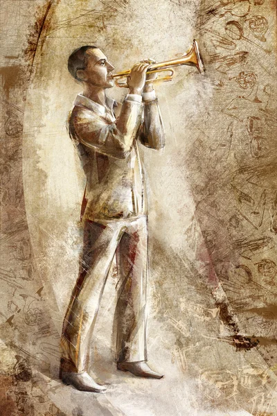 Caz müzisyeni trompetçi retro arka planda — Stok fotoğraf