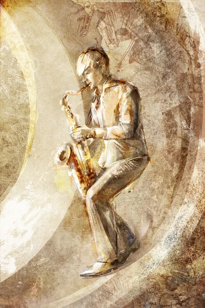 Saxofonista, músico de jazz no fundo retrô — Fotografia de Stock