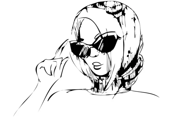 Skizze eines Mädchens mit schwarzer Brille und Schal — Stockvektor