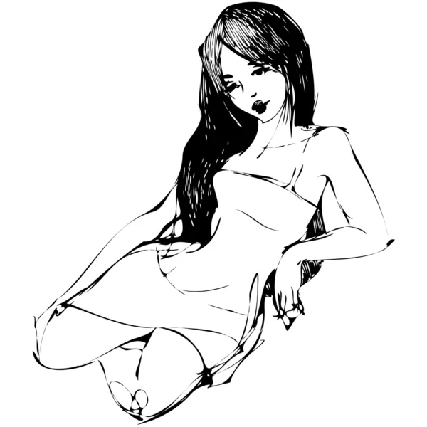 Esquisse une belle fille assise avec des cheveux longs — Image vectorielle