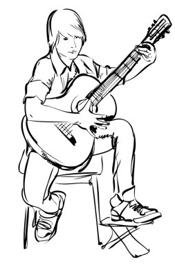 Boy playing on the guitar on white background clipart