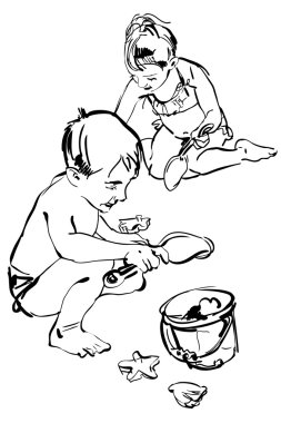 Sketch of children playing on the beach clipart