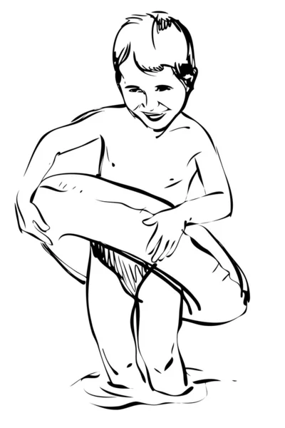 Skiss av en liten pojke som står i ett vatten — Stock vektor