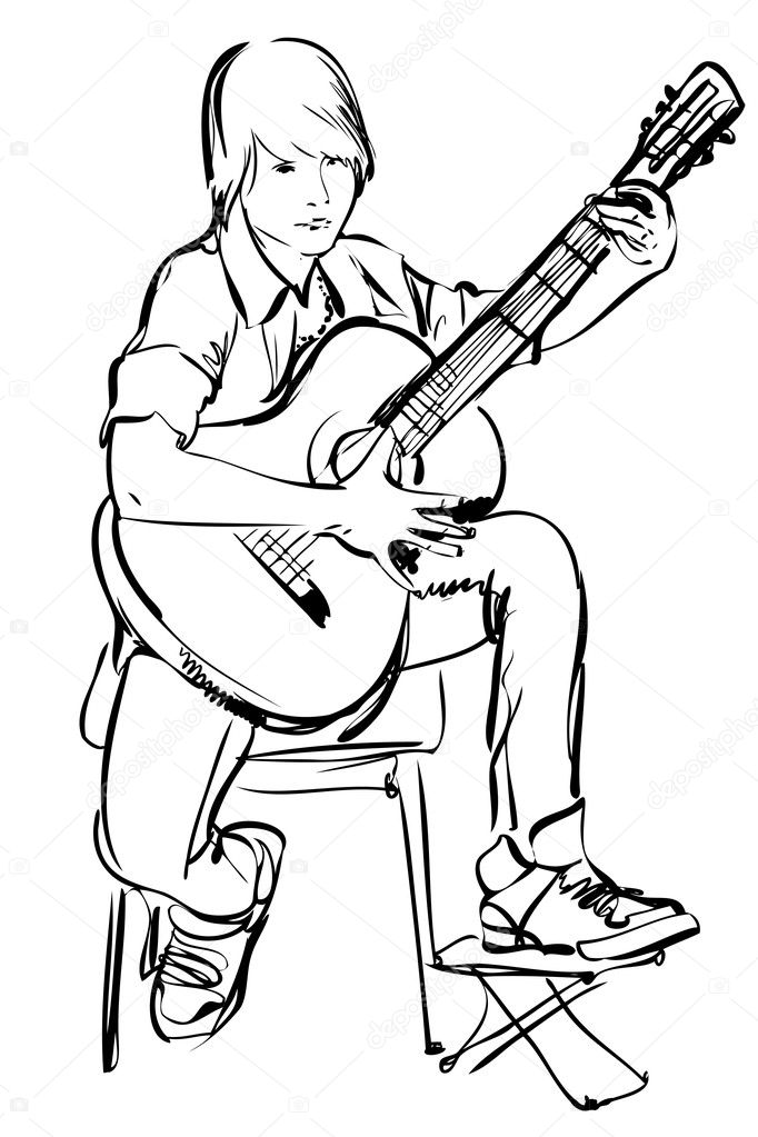 Boy playing on the guitar on white background
