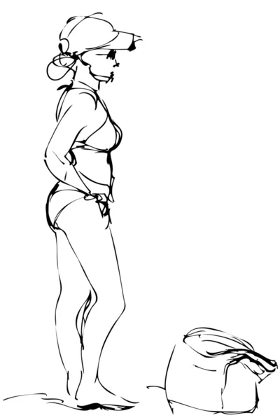 Boceto de una chica en bikini cuesta cerca de una bolsa — Vector de stock