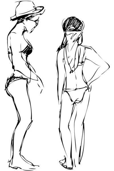 Sketch two girls communicate in a bikini — Stock Vector