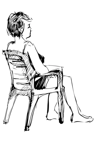 Sketch gioventù si siede in una poltrona a piedi nudi — Vettoriale Stock