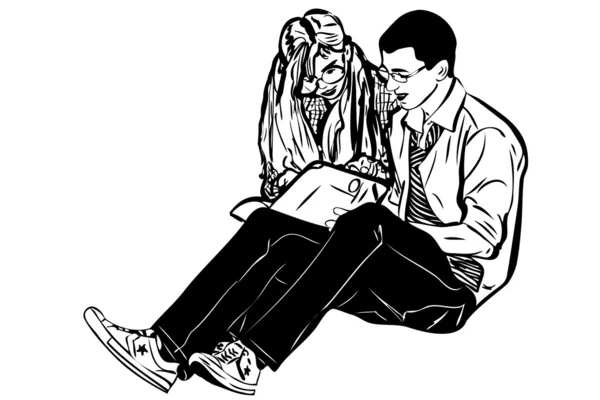 Croquis un homme et une fille lire le livre — Image vectorielle