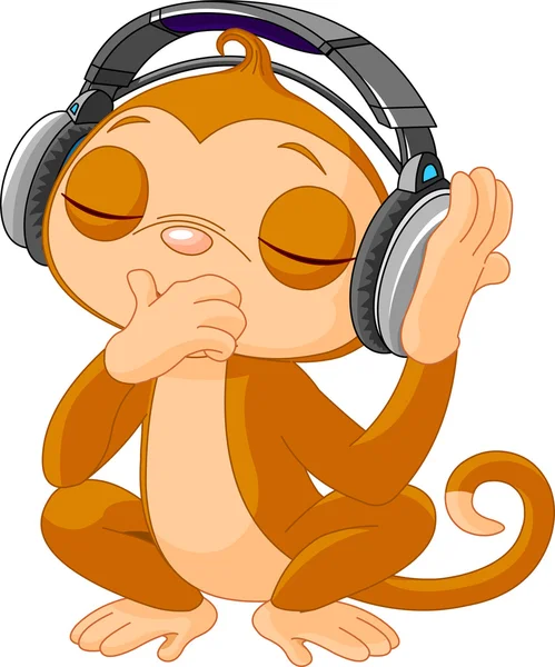 Милая маленькая обезьянка слушает музыку — стоковый вектор