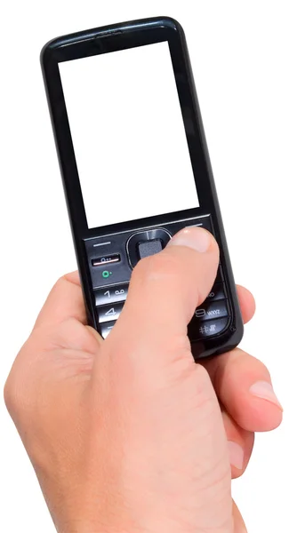 Telefon w dłoni, na białym tle, z pewien pusty têcza. — Zdjęcie stockowe